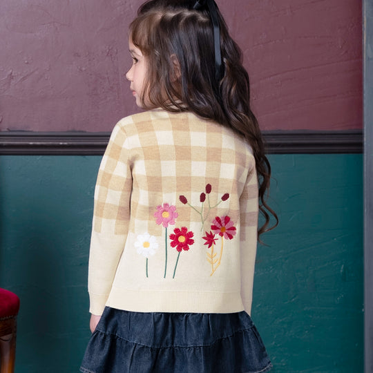 【SALE 30%OFF / キッズ&ママサイズ】ami amie : お花刺繍チェックカーディガン/243008
